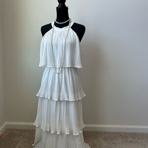 Women's White Tiered Pleated Halter Dress